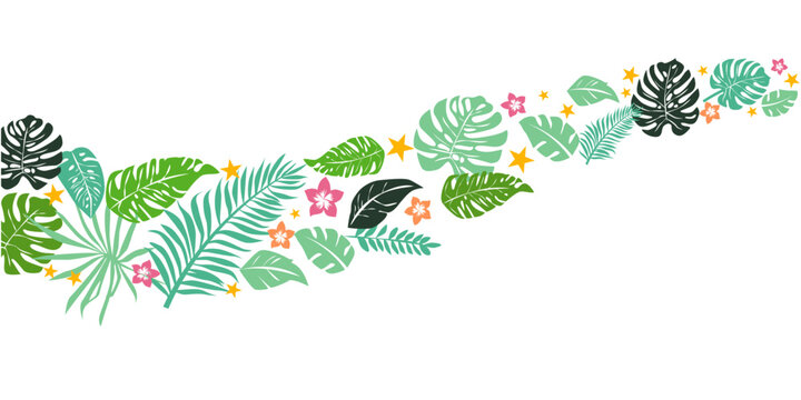 Summer tropical illustration. Summer green and tropical leaves decorative illustration for summer background, banner, graphic design, summer time vector illustration.