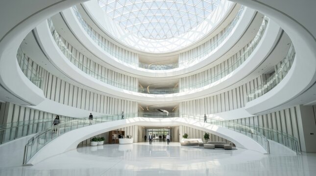 Modern Architecture Futuristic Grand Atrium with Curved Staircases and Sky Dome