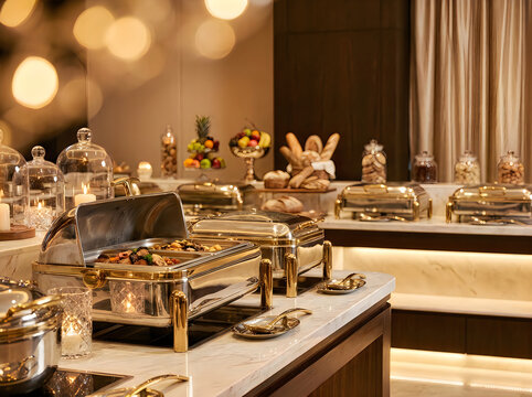 Luxury catering buffet setup with stainless steel chafing dishes and warm golden lighting in a fancy hotel restaurant