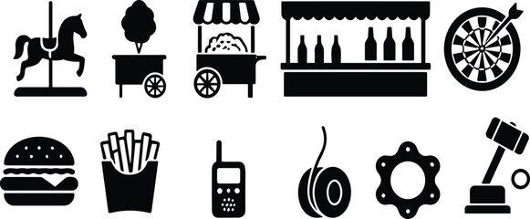 Amusement park and carnival icons set featuring carousel horse cotton candy popcorn cart shooting gallery dart board burger french fries walkie talkie © Mdjoshel 