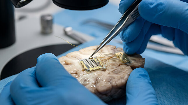 Brain tissue with microelectrode implantation