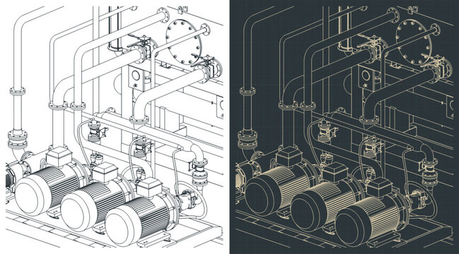 Industrial water pump station, valves and pipes isometric blueprints