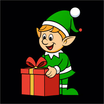 Smiling cartoon elf holding red gift box in green outfit with white trim on black background for Christmas