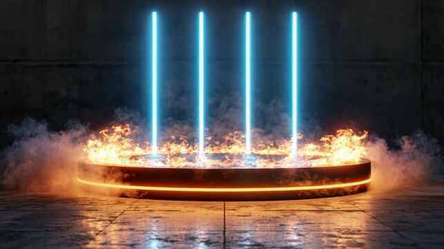 Round podium with burning flames and vertical neon blue light tubes in dark room