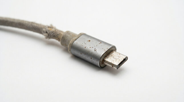 Close up macro photo of old outdated USB cable connector isolated on white background, obsolete technology and vintage electronic equipment concept.