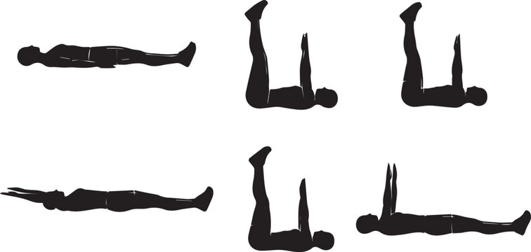 Fitness exercise icon set featuring black silhouettes practicing lying leg raises crunches and full body extensions on white background