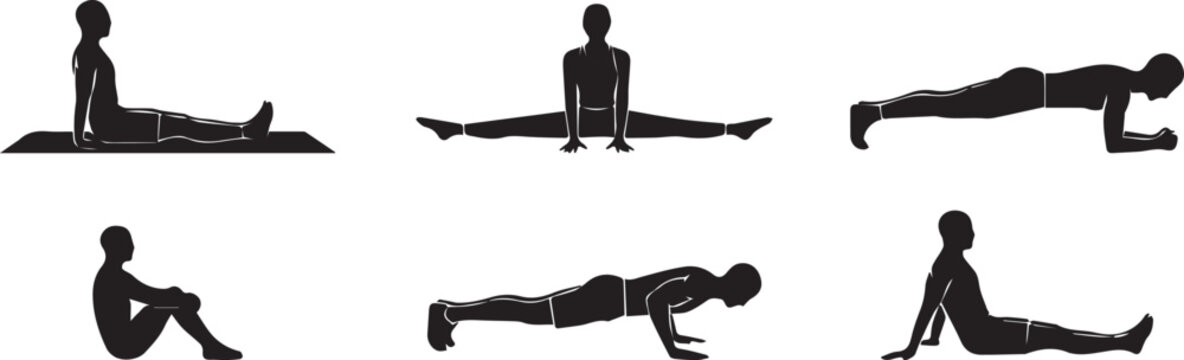 Yoga and fitness silhouettes set featuring human figures practicing pushups plank split stretching and floor exercises