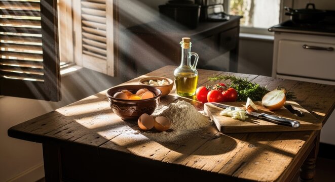 food preparation on kitchen island with fresh ingredients