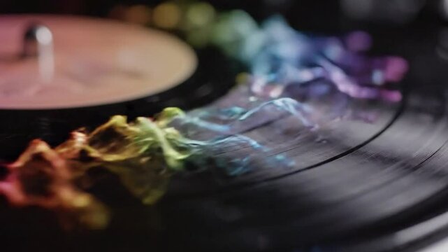 Vibrant Rainbow Sound Waves Emanating from Vinyl Record