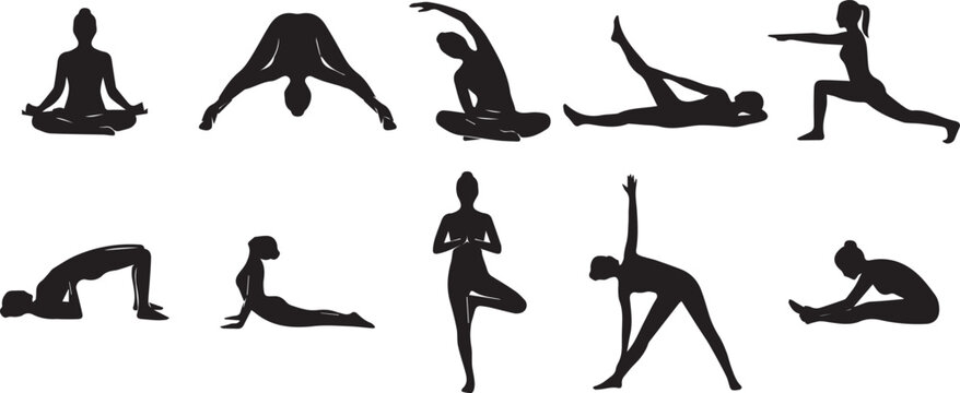 Yoga poses set showing female black silhouettes practicing different balance stretching and workout exercises isolated on white background