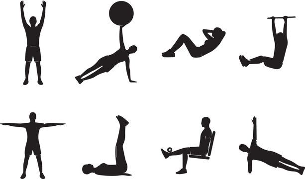 Fitness and gym workout icon set featuring black silhouettes practicing core abdominal side plank and leg extension exercises