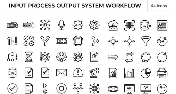 Input process output system workflow icon set in minimal outline style for data processing, automation, and software interface design
