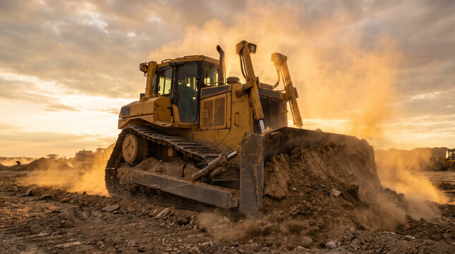 Heavy-duty bulldozer clearing land at sunset, industrial construction site