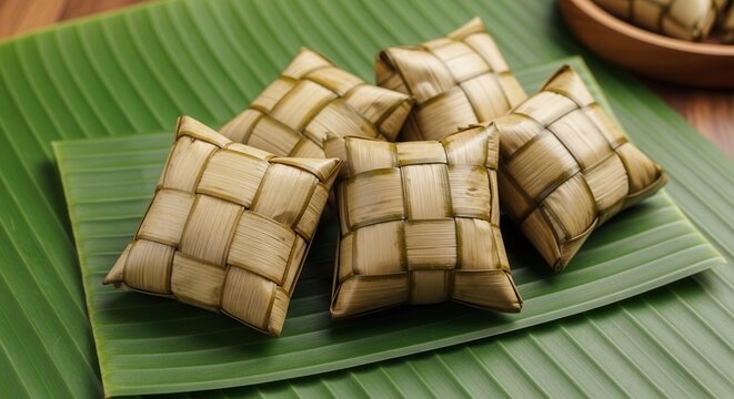 Ketupat rice dumplings wrapped in woven palm leaves on a banana leaf background.