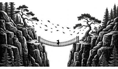 Lone figure crossing rope bridge between cliffs woodcut style illustration © ms
