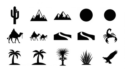 Obraz premium Desert and tropical silhouette icons collection