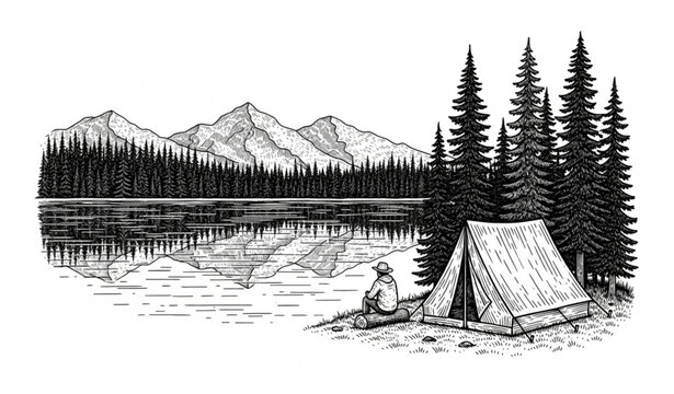 Vintage engraving of lakeside camping scene with mountains and pine trees