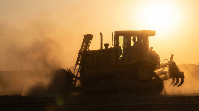 Powerful bulldozer actively reshaping the landscape at golden hour, silhouetted against a radiant sunset while kicking up dust, embodying industrial progress and heavy construction work