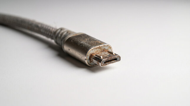 Realistic macro photograph of outdated USB cable connector isolated on white background, obsolete electronic technology concept.