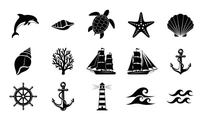 Nautical icons set marine life ships and coastal elements in black silhouette © ms