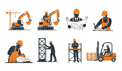 Construction workers and heavy machinery vector illustration set © sakhina