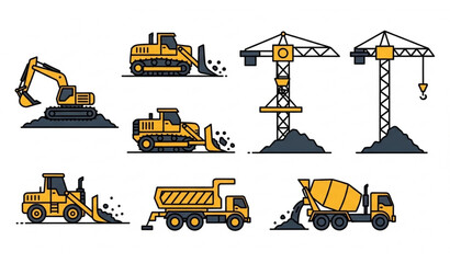 Construction equipment illustration set excavators cranes dump trucks and concrete mixers © ms
