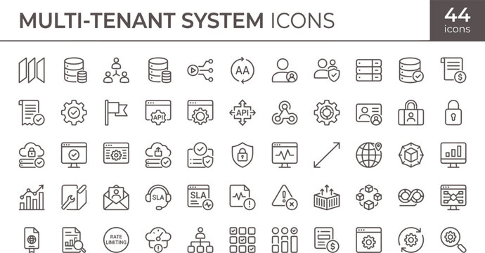 Multi tenant system icon set in modern outline style for cloud infrastructure management dashboard interface and scalable business applications