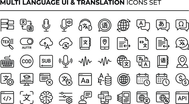 Multilanguage user interface and translation line icon set for localization tools communication apps and global digital services design