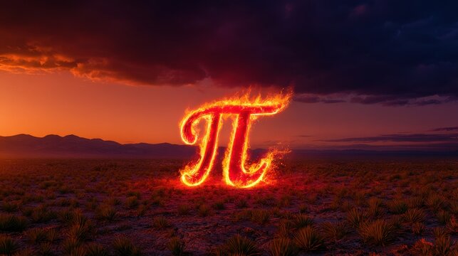 bright glowing mathematical pi symbol burning in flames on  dry desert plain at sunset