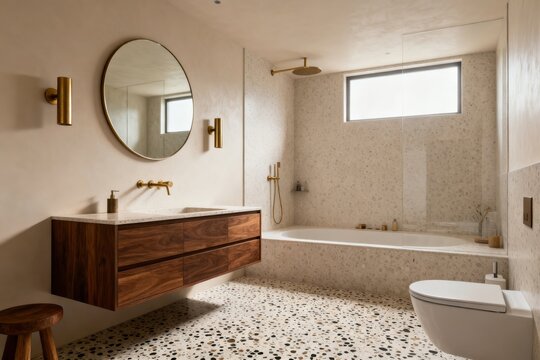Mid-century modern bathroom with floating vanity, terrazzo floor, and minimalist fixtures