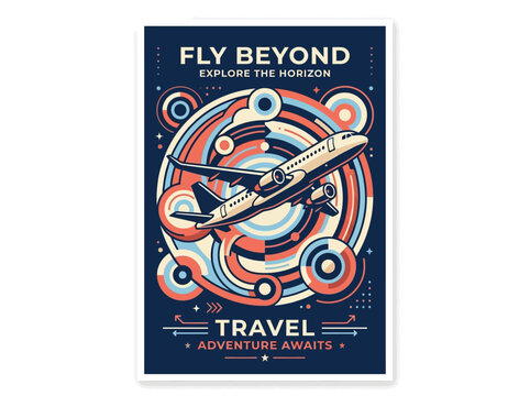 Vibrant retro illustration of an airplane ascending through abstract patterns, a poster inspiring travel and exploration beyond the horizon.