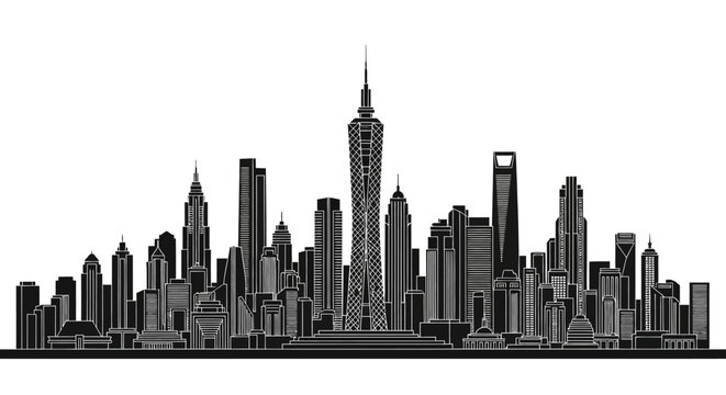 Modern City Skyline Silhouette with Cairo Tower, Urban Architecture