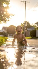 Fototapeta premium Joyful Child Splashing in Puddle During Golden Hour Sunlight.