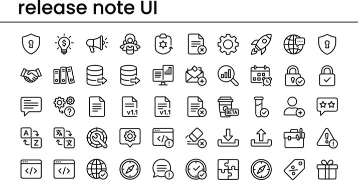 Release note user interface outline icon set with document update version management tracking and software development workflow vector collection