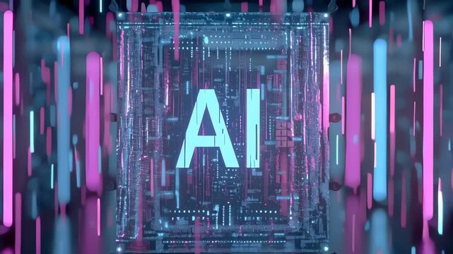 Futuristic neon AI tunnel with data streams and digital circuitry.