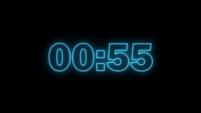 Neon blue digital countdown timer clock display with glowing numbers on black background