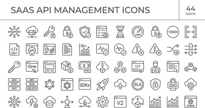 SaaS API management icon set in modern outline style for cloud integration dashboard interface and developer platform systems