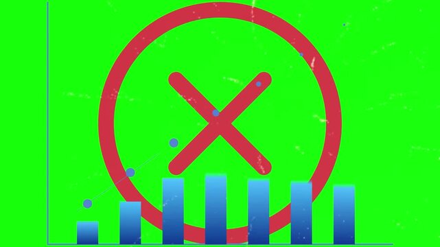 Animated graphic with red x over blue bar charts on green background symbolizing data rejection or negative trends