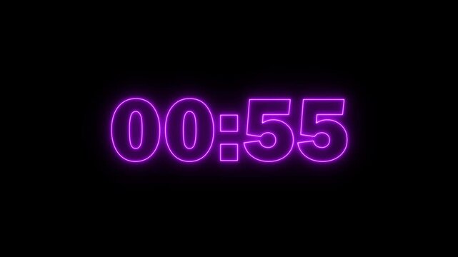 Neon purple digital countdown timer overlay, 60 second clock for motion and editing