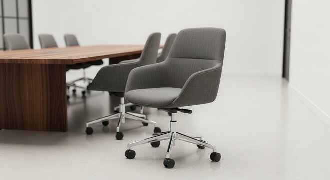 Modern office conference room with grey upholstered chairs and wooden table.