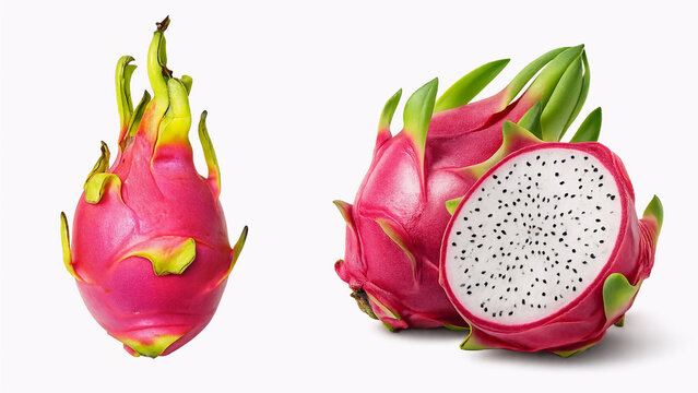 dragon fruit on white background, dragon fruit isolated on white background, delicious pitahaya fruit, exotic dragon fruit , set of white and red pulp dragon fruit isolated on white background
