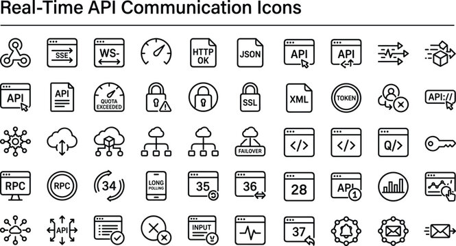Real time API communication outline icon set with data exchange integration security protocols and web service connectivity vector collection