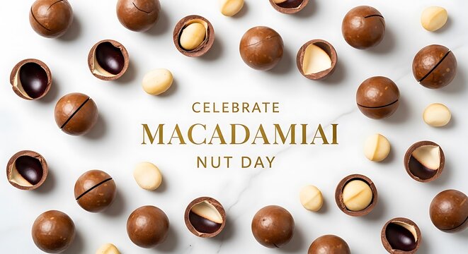 Macadamia nuts scattered on a white marble background, celebrate macadamia nut day