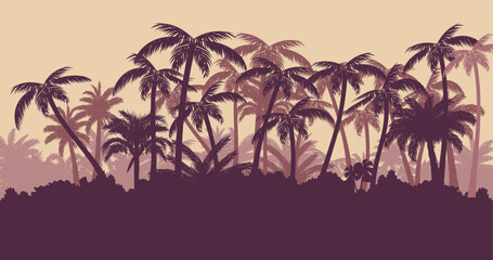 Obraz premium Tropical palm trees panorama silhouette background. Palmeny island view vector illustration. Beautiful beach nature landscape in the evening.