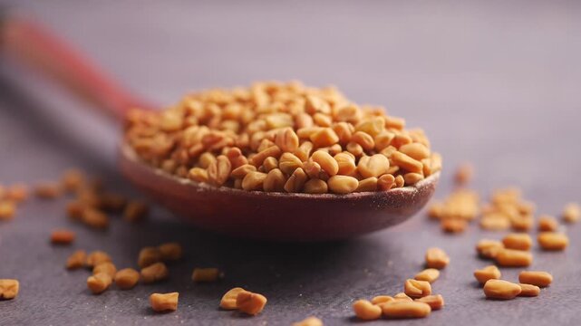Fenugreek seeds on wooden spoon and table