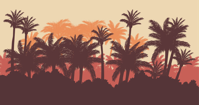 Tropical palm trees panorama silhouette background. Palmeny island view vector illustration. Beautiful beach nature landscape in the evening.