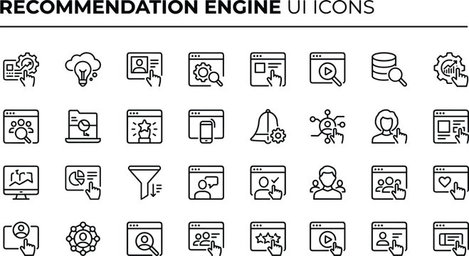 Recommendation engine user interface outline icon set with personalization analytics filtering user behavior tracking and content suggestion vector collection