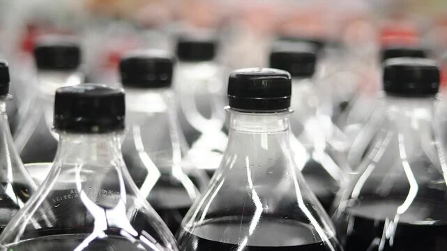 Rows of Plastic Cola Bottles with Black Caps