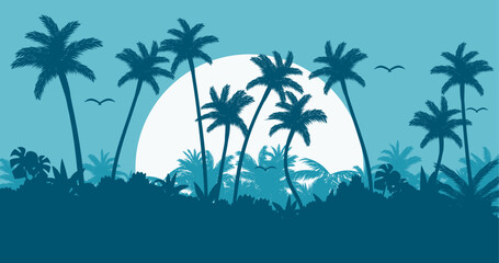 Fototapeta premium View of tropical palm tree silhouette with sun and and flying birds on blue sky. Summer vacation background. Vector illustration