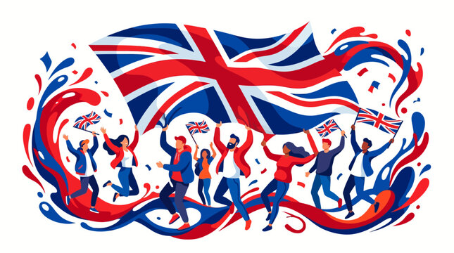 Stylized British flag with dancing crowd celebrating national pride.